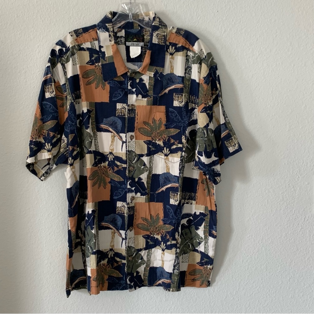 Fins Tropical Novelty Print Short Sleeve Button Down Shirt Cotton size XL